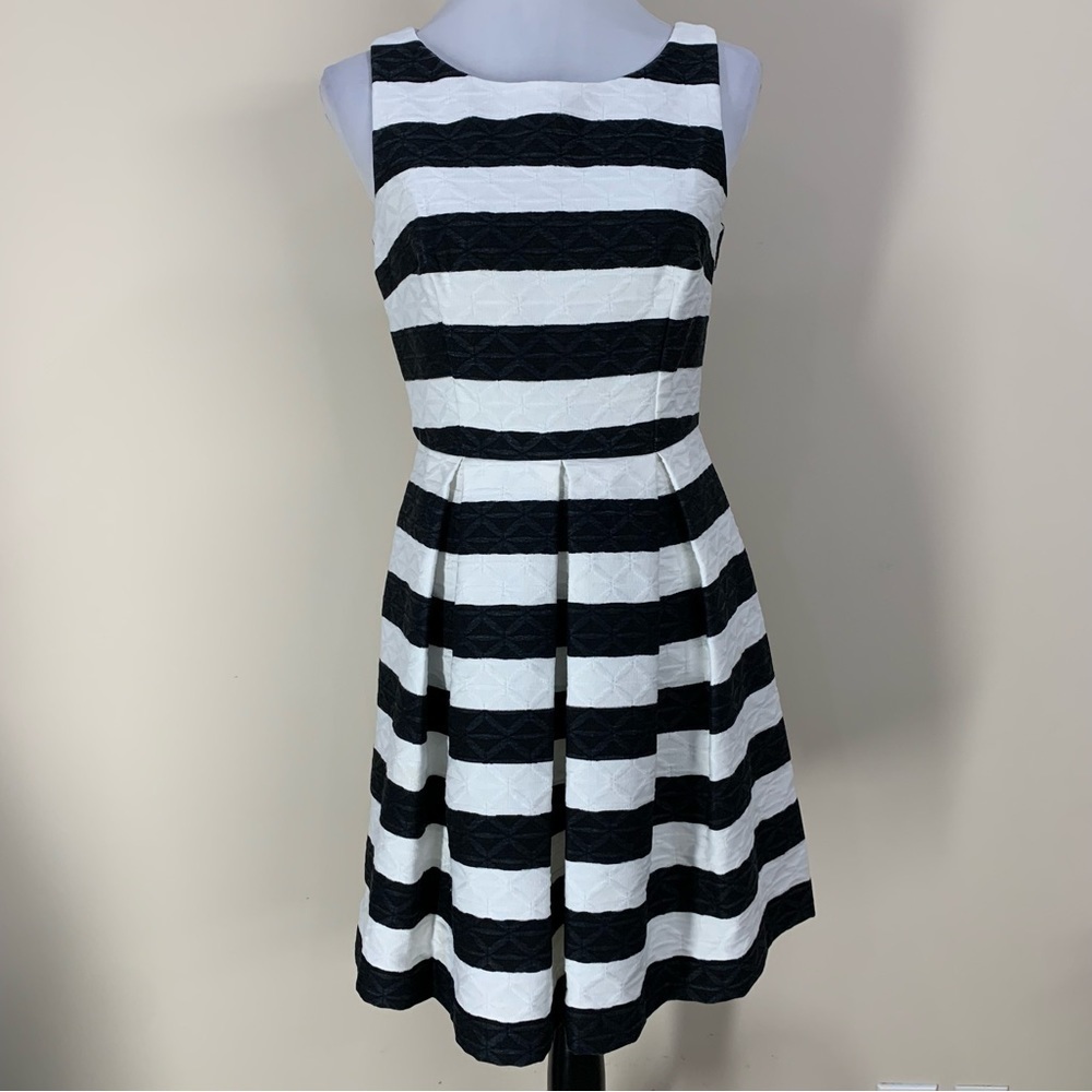 Taylor Black White Striped Fit & Flare Dress Women’s Size 6